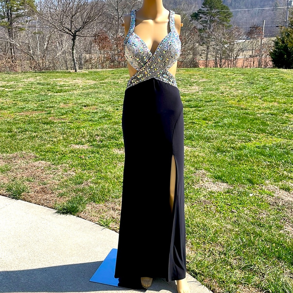 Jasz Couture Classic Black Silver Rhinestones Sequins Plunge Backless Prom Dress